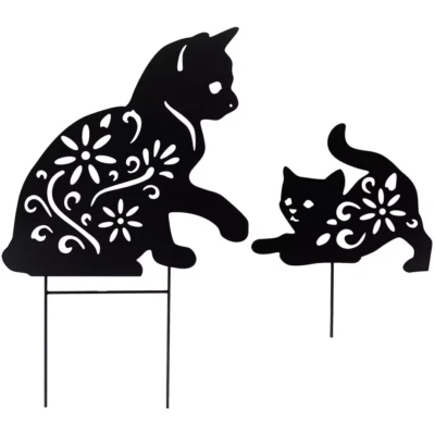 Set Of Two Floral Design Animal Garden Stake With A  Playful Cat And Her Kitten - Image 1 of 2