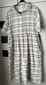 Folk Cream & Brown Check Linen Mix Dress Size 4. 46" Chest. Pockets. New - Picture 1 of 8