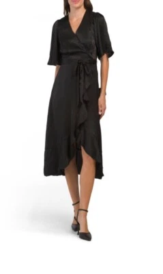 Vestido LULUS Midi Para Mujer XS Negro Envuelto In Love Satén Manga Acampanada Nuevo Foto 1 de 4