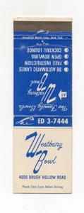 Westbury Bowl New York Unused Vintage Front Strike Matchbook Cover - Picture 1 of 1