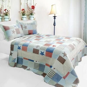 3 PC Wave Point of Stars squares plaids red blue 100% Cotton Queen Quilt Shams - Picture 1 of 4