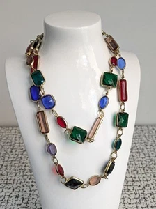 90s Vintage Multi Coloured Plastic Bezel Bead Necklace Retro Party Gold Tone - Picture 1 of 7