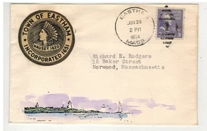 1954 EASTHAM MASS & APPLIQUE & LIGHTHOUSE HANDPAINTED CACHET - Picture 1 of 1