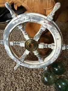 Vintage Brass White decor Nautical Hand Painted Wooden Ship Wheel 18'' Gift