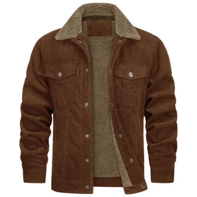 Men Fleece Corduroy Lined Thick Coat Winter Warm Bodywarmer Lapel Jacket Outwear - Image 1 of 4