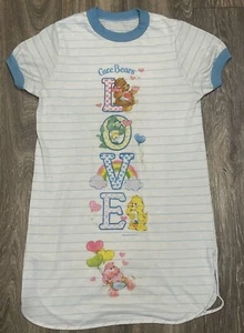 Vintage 1980s Care Bears Nightgown Kids 80s Striped Short Sleeve Pajamas LOVE - Picture 1 of 6