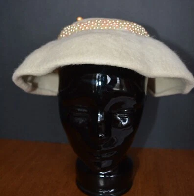 Sombrero de ala ancha festoneado de lana de colección para mujer CHANTE de Schachter con cuentas marfil Foto 1 de 4