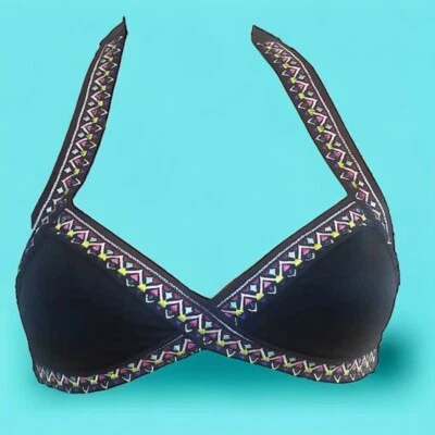 Top de bikini ROSA Victorias Secret talla mediana copa talla A-C negro halter sin alambre Foto 1 de 4