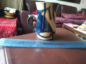 Studio Pottery Blue Glazed Wax Resist Mug. No mark. 11cm Tall, 7cm Rim Dia. - Picture 1 of 8