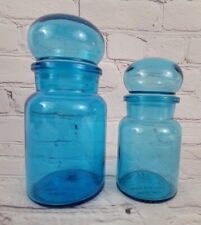 2 Vintage 70s Blue Glass Bubble Top Apothecary Jars Canisters Made In Belgium 