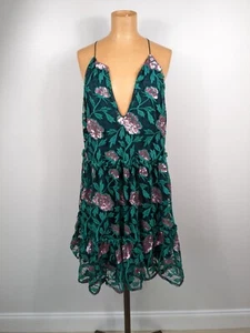 Belle Madgley Mischka Denya Floral Size 14 Cocktail Dress Green Sequins Womens - Picture 1 of 14