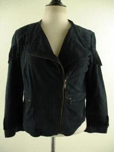 Women's M Elevenses Anthropologie Navy Blue Suede Leather Fringe Jacket Full-Zip - Picture 1 of 18