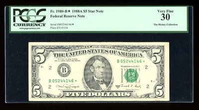 DBR 1988-A $5 New York STAR Fr. 1980-B* PCGS 30 Serial B05244146* - Image 1 of 2
