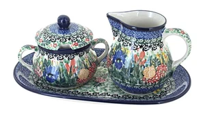 Blue Rose Polish Pottery Summer Blooms Large Cream & Sugar Set with Tray - Picture 1 of 2