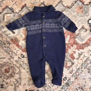 Polo Ralph Lauren Romper Jumpsuit Baby Boy 3M Blue Collar Gray Snowflake Print - Picture 1 of 12