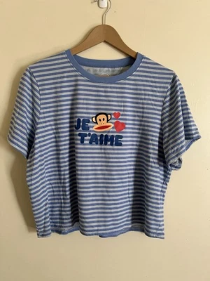 Винтажная женская футболка Y2K Paul Frank Je T'aime в полоску укороченная размер 3XL - Изображение 1 из 4