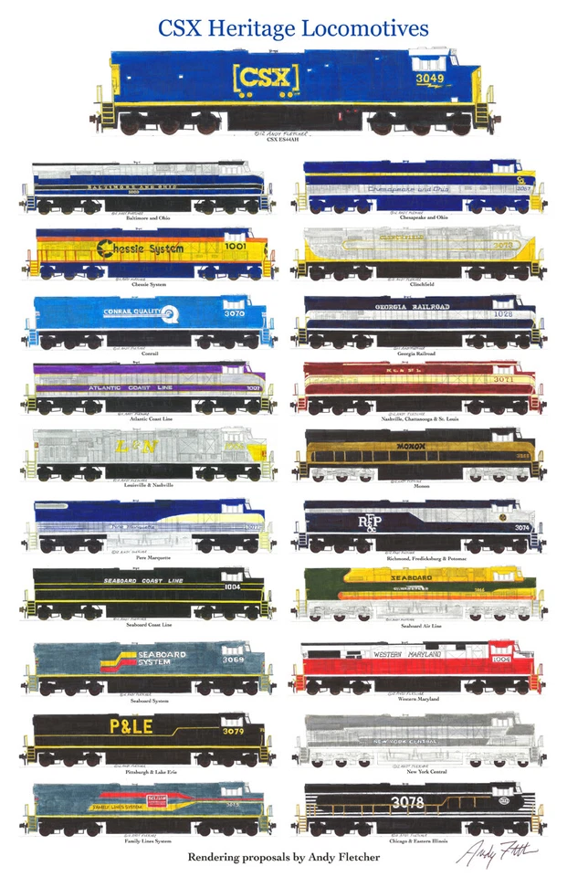 Pôster CSX Proposed Heritage Locomotives 11"x17" assinado por Andy Fletcher - Imagem 1 de 1