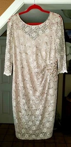 ALEX EVENINGS CHAMPAGNE NUDE SEQUINS FLORAL LACE OVERLAY BODYCON FRMAL DRESS 14W - Picture 1 of 16