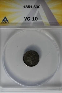1851 .03 ANACS VG 10 STAR AND SHIELD three cent (3c) piece, Trime - Picture 1 of 2