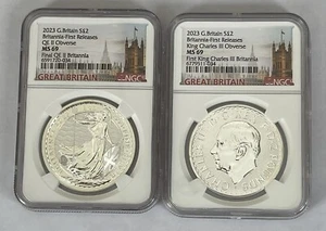 2 coin set 2023 2 pound silver britannia QE II and KC III effigy ngc ms69 GB FR - Picture 1 of 2
