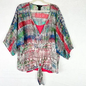 Ali Miles Beaded Embroidered Tie Hem Top Size 1X Dolman Kimono Sleeve - Picture 1 of 8