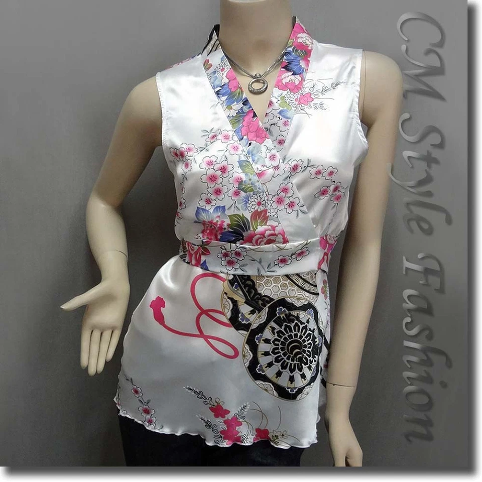 Regata japonesa quimono sem mangas floral cetim sedoso branca P/M/L/XL/2XL/3XL - Imagem 1 de 4