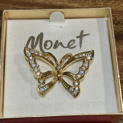 Broche Pin Mariposa Firmado Monet Tono Dorado Piedras Transparentes con Caja Foto 1 de 4
