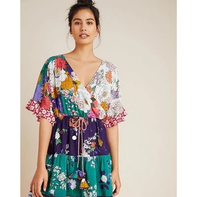 EUC Anthropologie Womens Small Nettie Floral Tiered Faux Wrap Mini Dress - Image 1 of 4