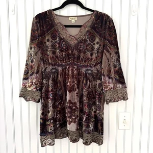 One World Tunika Top XL braun Samt Netz Pailletten Empire Whimsigoth Dark Fairy - Bild 1 von 12