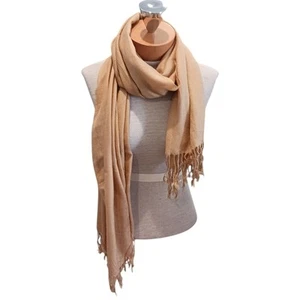 Womens Shawl Tan Pashmina Silk Blend Winter Fringed Cold Weather Scarf Spring - Picture 1 of 2