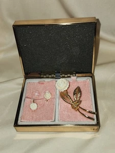 Vintage Carved Celluloid Rose Brooch Pin & Earrings Unmarked - Picture 1 of 10