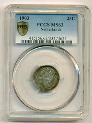 Netherlands Wilhelmina I 1903 Silver 25 Cents MS63 PCGS - Image 1 of 4