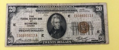 20$ Brown Seal, 1929, Fr. 1870E, Richmond, Ser# E00885613A - Image 1 of 4