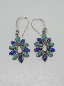 Sterling Silver 925 Blue Lapis And Turquoise Southwestern Drop Earrings - Picture 1 of 5