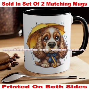 DigiPups Cocker Spaniel Dog Breed Puppy In The Rain Cartoon Coffee Cup 2 Mug Set - Picture 1 of 3