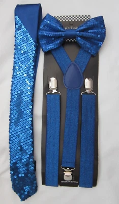 Pajarita de lentejuelas azul esmoquin, tirantes azules brillantes en la espalda en Y y corbata de lentejuelas azules Foto 1 de 2