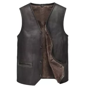 Men's Brown Real Genuine Sheepskin Leather Shearling Vest New Style Fur Vest - Picture 1 of 3