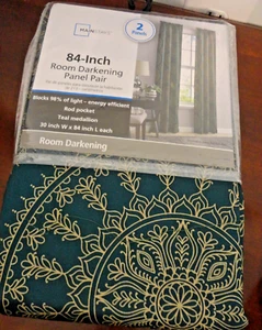 MAINSTAYS ROOM DARKENING 2 PANELS TEAL MEDALLION CURTAIN 30"W x 84"L NEW - Picture 1 of 10