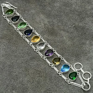 Multi Stone Gemstone 925 Sterling Silver Handmade Jewelry Bracelet 7-8" - Picture 1 of 8
