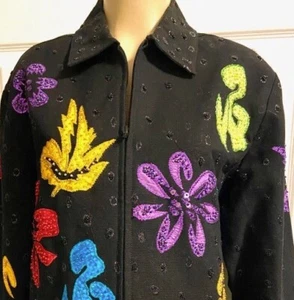 Holiday Jacket Vintage Anage Jacket L Beaded Applique Black and bright colors - Picture 1 of 4