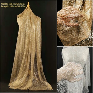 Glitter Sequins Bronzing Mesh Fabric Shiny Lace Tulle Voile Cloth for DIY Sewing - Picture 1 of 9