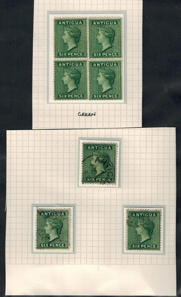 Antigua 1884-86 SG 29 6d verde profundo bloco perfeito de 4 e 3 singles usados CV L600 - Imagem 1 de 1