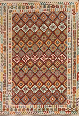 Geometric Hand woven Kilim Reversible Area Rug 10'x13' Handmade Room Size Carpet - Image 1 of 4