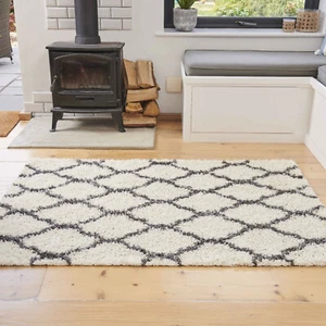 Cream & Grey Shaggy Rugs Deep 3cm Shaggy Runner Moroccan Trellis Living Room Rug - Picture 1 of 8