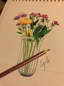 ORIGINAL FARBSTIFTZEICHNUNG . BLUMEN - Bild 1 von 3