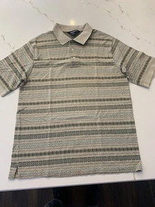 Lands’ End Mens 42-44 Large Short Sleeve Tan Faire Isle Striped Collared Shirt - Picture 1 of 9
