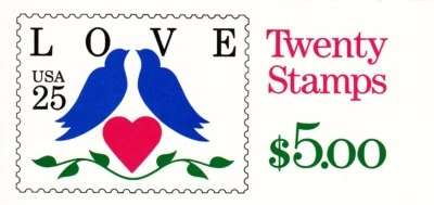 U.S. BOOKLET OF 20 SCOTT #BK169 25ct 1990 LOVE BIRDS MINT P#1211 - Image 1 of 2
