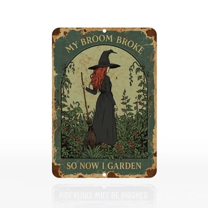 Letrero de jardín exterior bruja mi escoba se rompió así que ahora jardín letrero de hojalata decoración  - Imagen 1 de 1