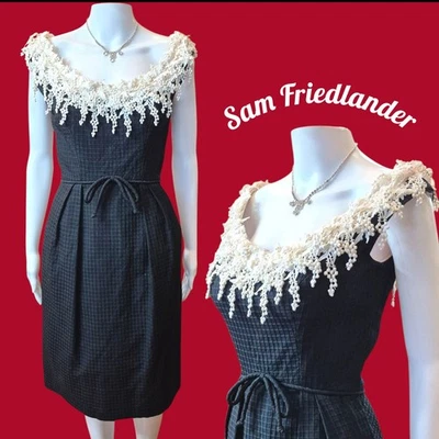 Vestido Vaina Negro Años 50 De Colección con Cuello de Encaje Talla Xs/S Sam Friedlander Cóctel Algodón Foto 1 de 4