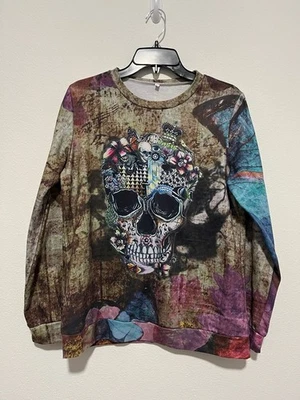 Camisa gráfica ligera floral manga larga calavera colorida sin marca talla grande Foto 1 de 4